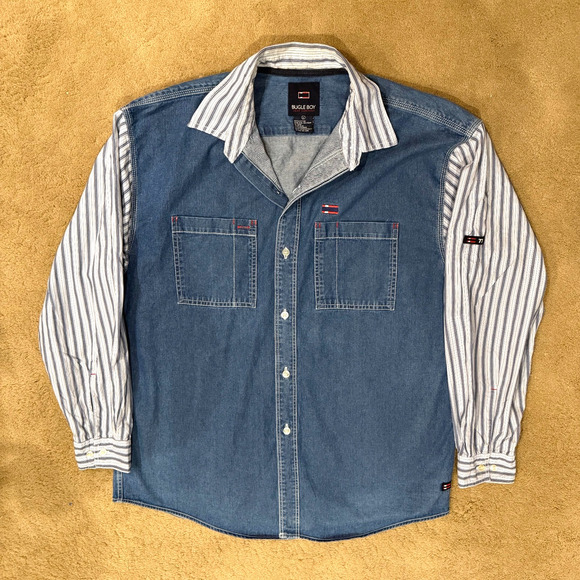 Vintage Bugle Boy Denim Striped Shirt Mens Large Long Sleeves 100% Cotton - Picture 1 of 7